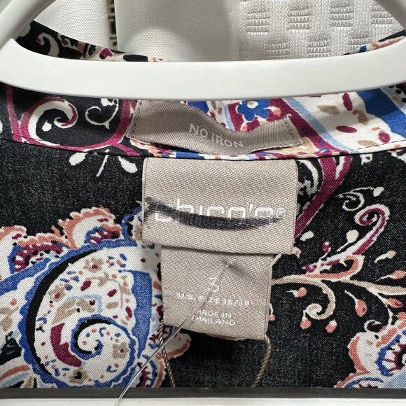 Chico’s Blouse No Iron Paisley Multi Color Long Sleeve Fall XL Size 3 New - Picture 2 of 8